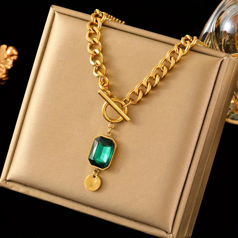 Chunky Chain Emerald Pendant Necklace | Gold 18k
