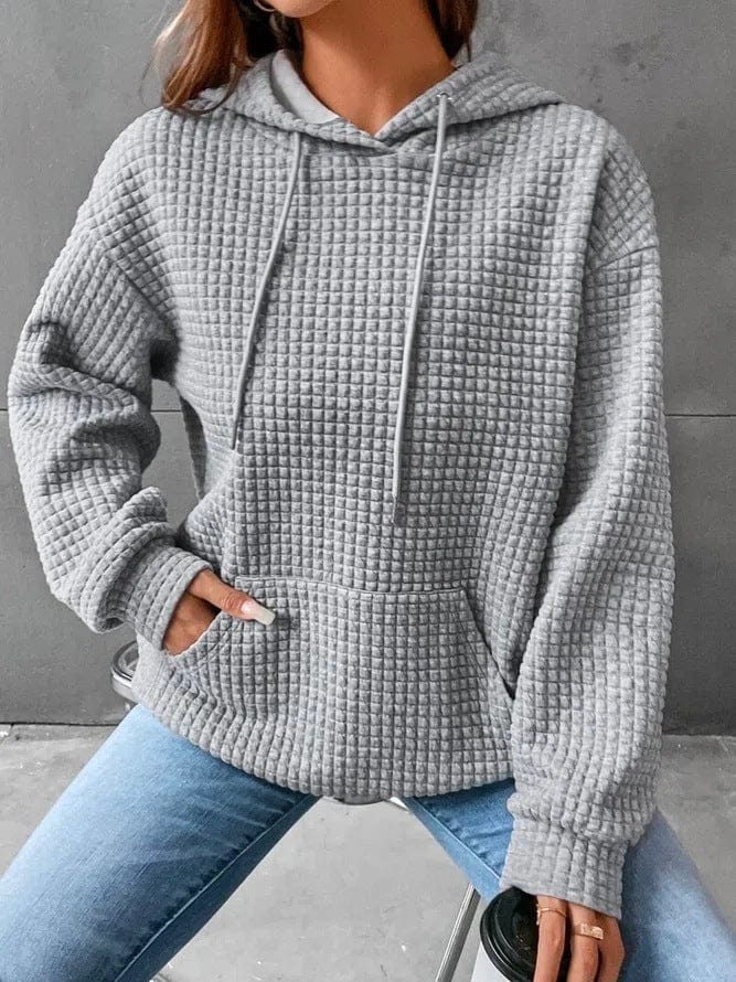 Women’s Quilted Hoodie – Relaxed Fit – Drawstring Hood – Kangaroo Pocket – Ribbed Hem