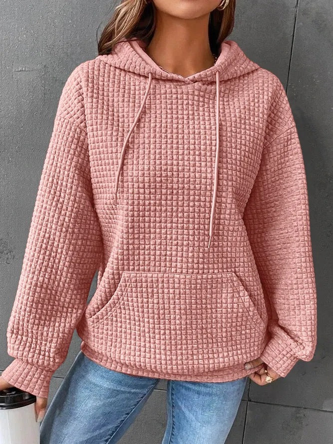Women’s Quilted Hoodie – Relaxed Fit – Drawstring Hood – Kangaroo Pocket – Ribbed Hem
