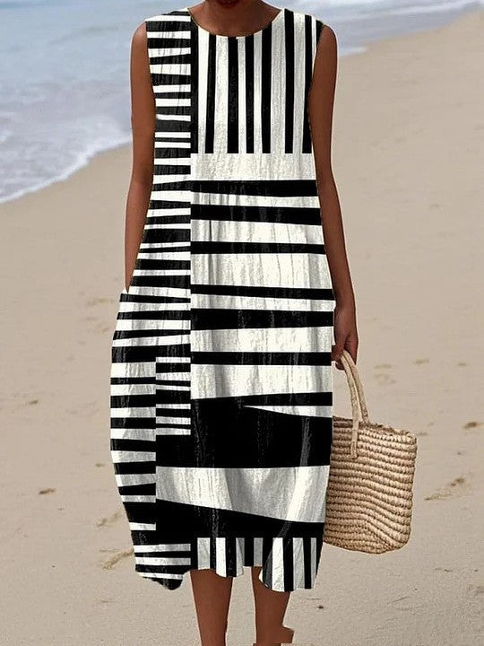 Ayla | Monochrome Stripe Sleeveless Midi Dress