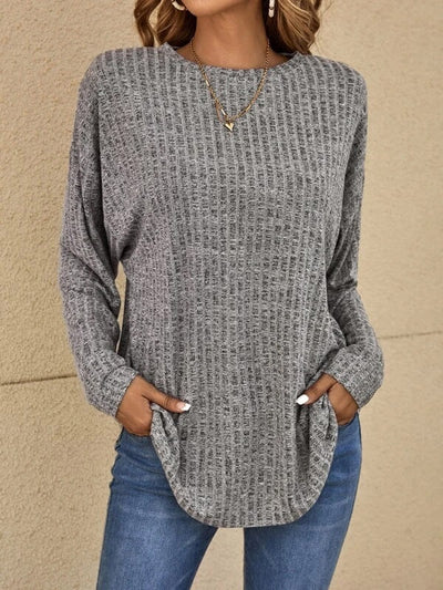 Women’s Pullover Sweatshirt – Relaxed Fit – Soft Knitted – Ribbed Texture – Long Sleeve