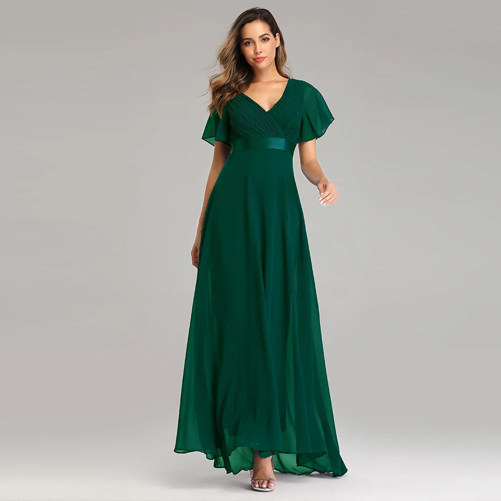 Women’s Evening Gown – Chiffon A-Line – V-Neck – Flutter Sleeves – Full Length