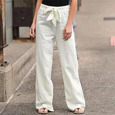 Women’s Wide Leg Pants – Cotton Linen Blend – High Waist – Tie Waist – With Pockets