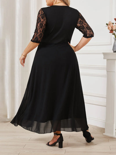 Women’s Evening Gown – A-Line Fit – Lace Bodice – Sheer Skirt – 3/4 Lace Sleeves