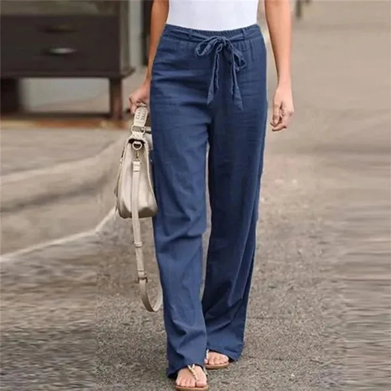 Women’s Wide Leg Pants – Cotton Linen Blend – High Waist – Tie Waist – With Pockets