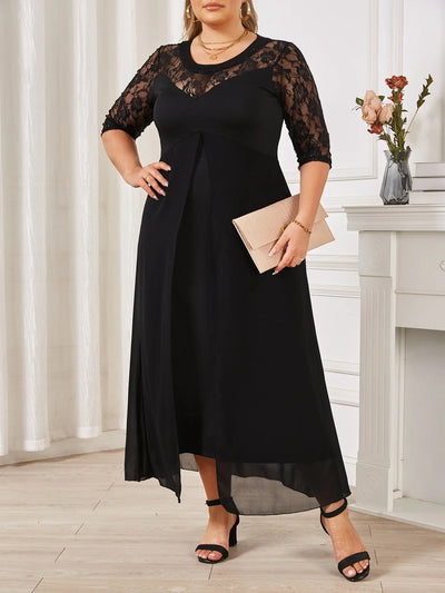 Women’s Evening Gown – A-Line Fit – Lace Bodice – Sheer Skirt – 3/4 Lace Sleeves