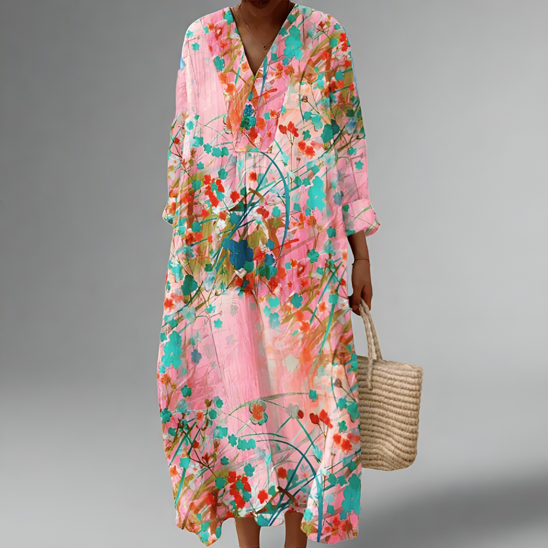 Ellie – Watercolor Blossom Midi Dress for Women