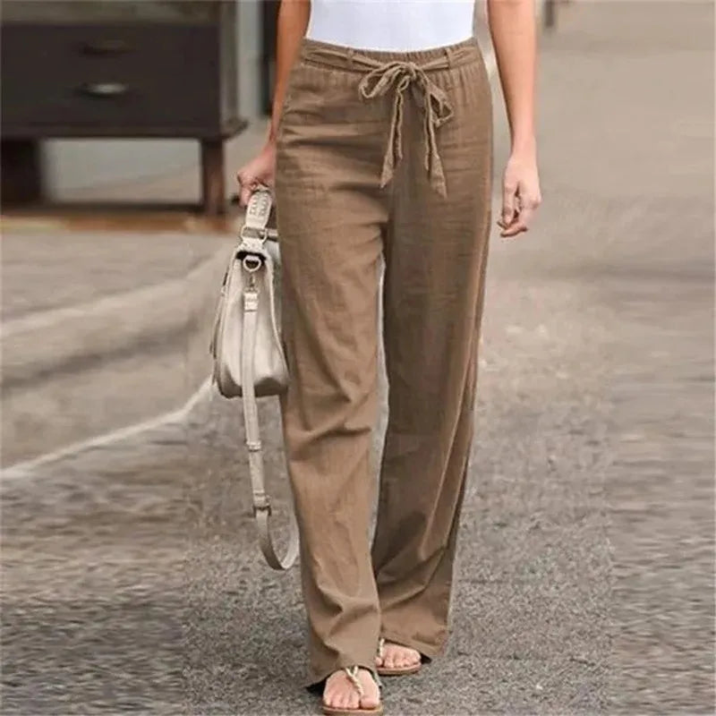 Women’s Wide Leg Pants – Cotton Linen Blend – High Waist – Tie Waist – With Pockets