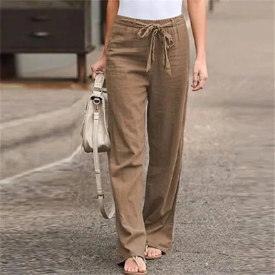 Women’s Wide Leg Pants – Cotton Linen Blend – High Waist – Tie Waist – With Pockets