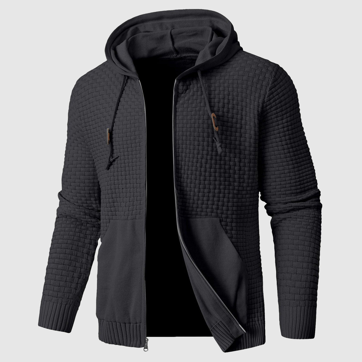 Men’s Hooded Jacket – Waffle Knit – Regular Fit – Zip Front – Ribbed Hem and Cuffs