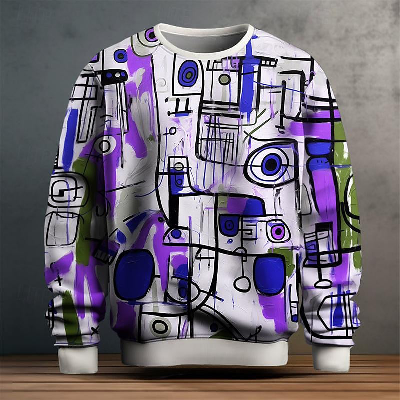 Men’s Pullover Sweatshirt – Cotton Knit – Standard Fit – Geometric Pattern – Ribbed Trim