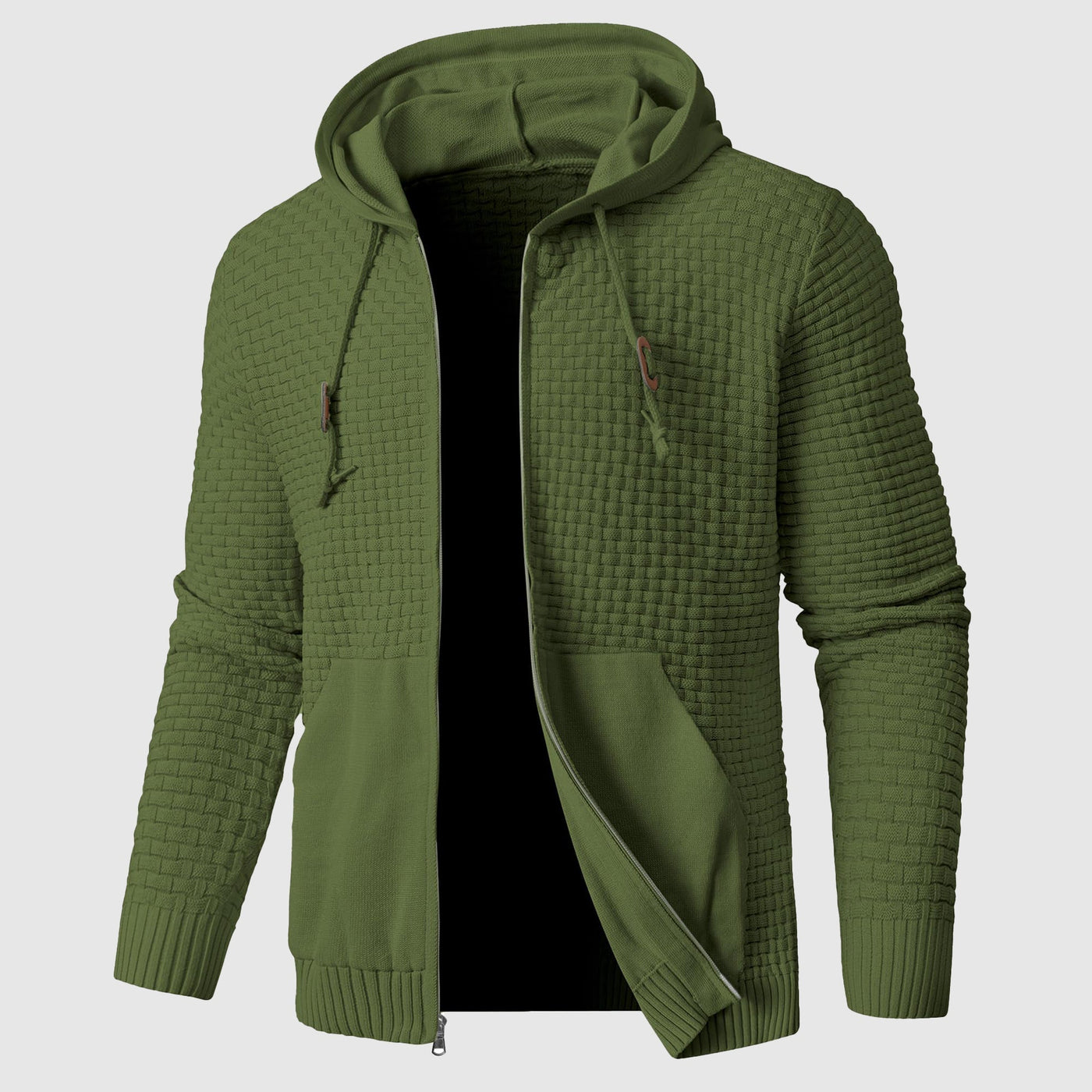 Men’s Hooded Jacket – Waffle Knit – Regular Fit – Zip Front – Ribbed Hem and Cuffs