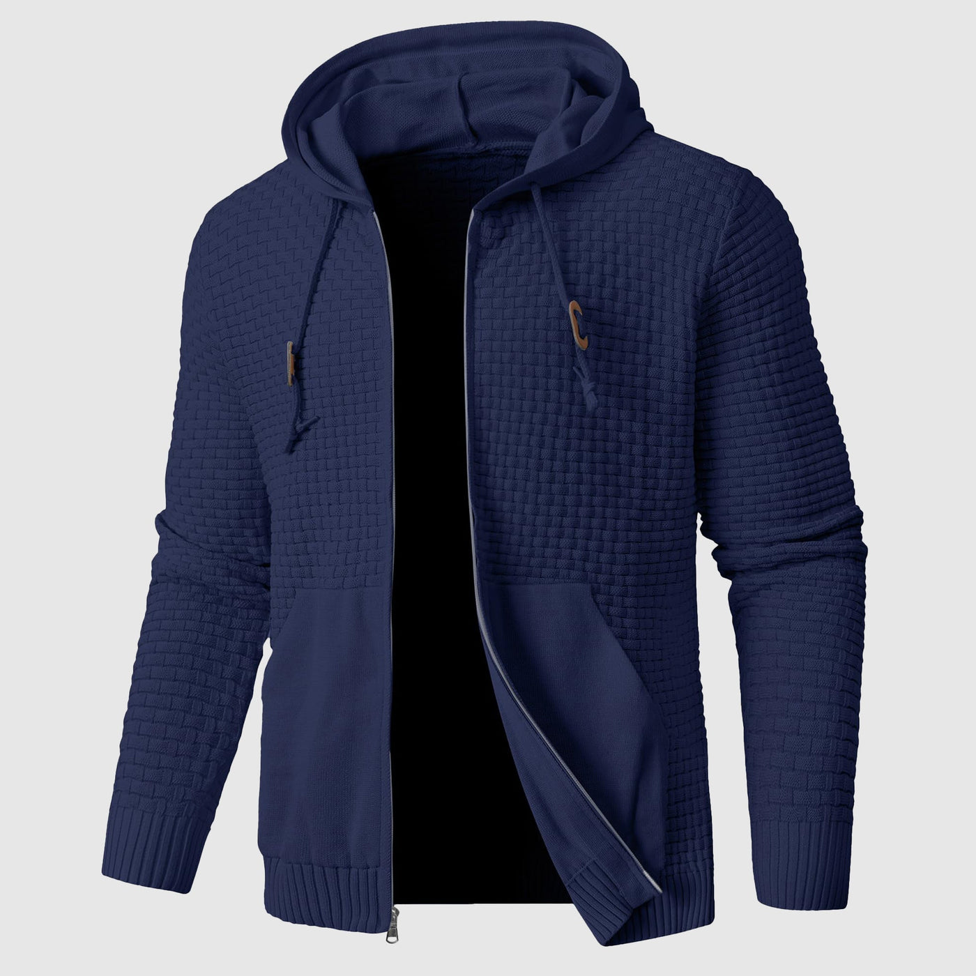 Men’s Hooded Jacket – Waffle Knit – Regular Fit – Zip Front – Ribbed Hem and Cuffs