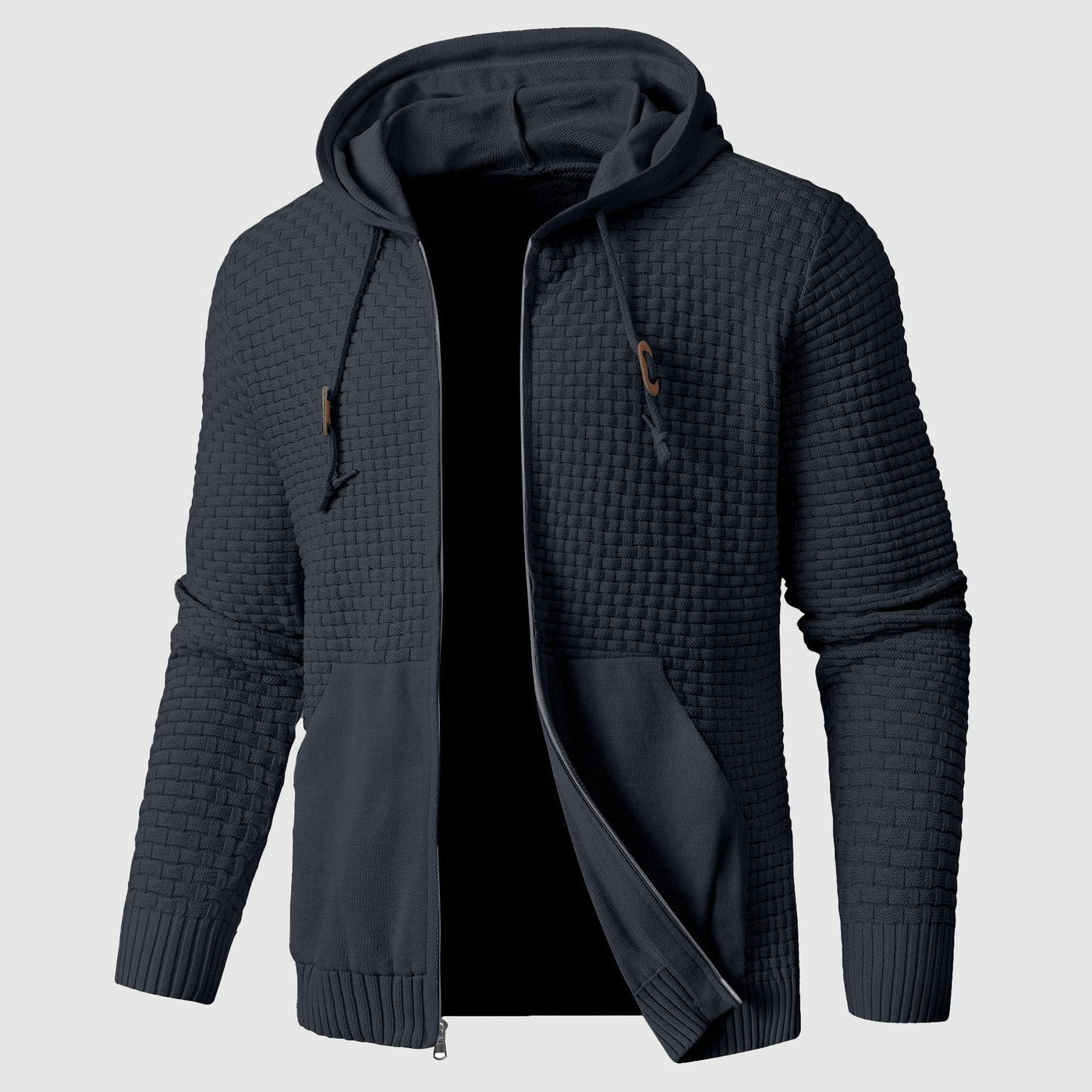 Men’s Hooded Jacket – Waffle Knit – Regular Fit – Zip Front – Ribbed Hem and Cuffs