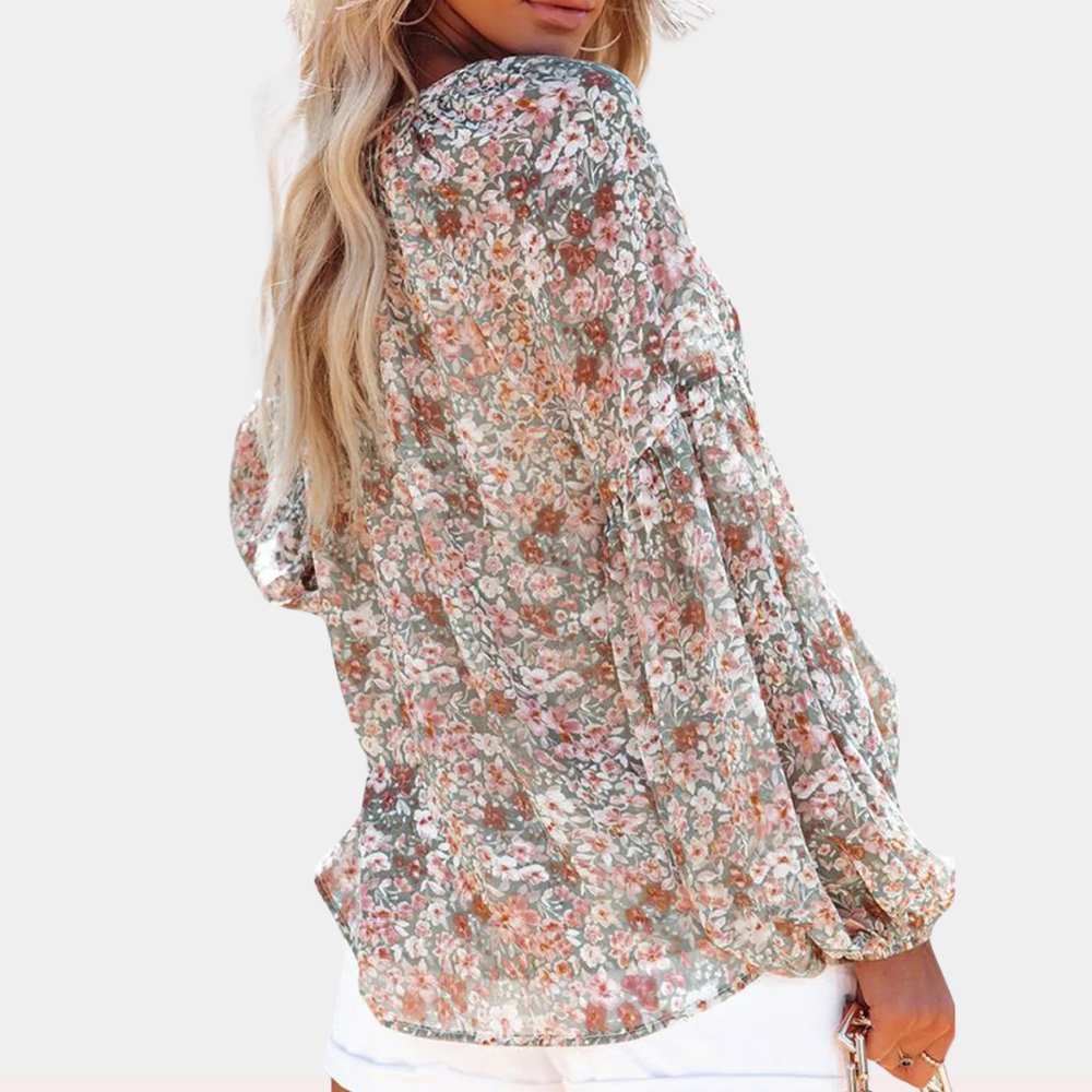 Avencea - Women's Summer Blouse with Floral Print and Long Sleeves