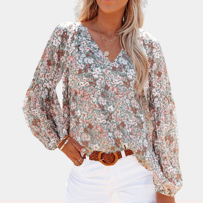 Avencea - Women's Summer Blouse with Floral Print and Long Sleeves
