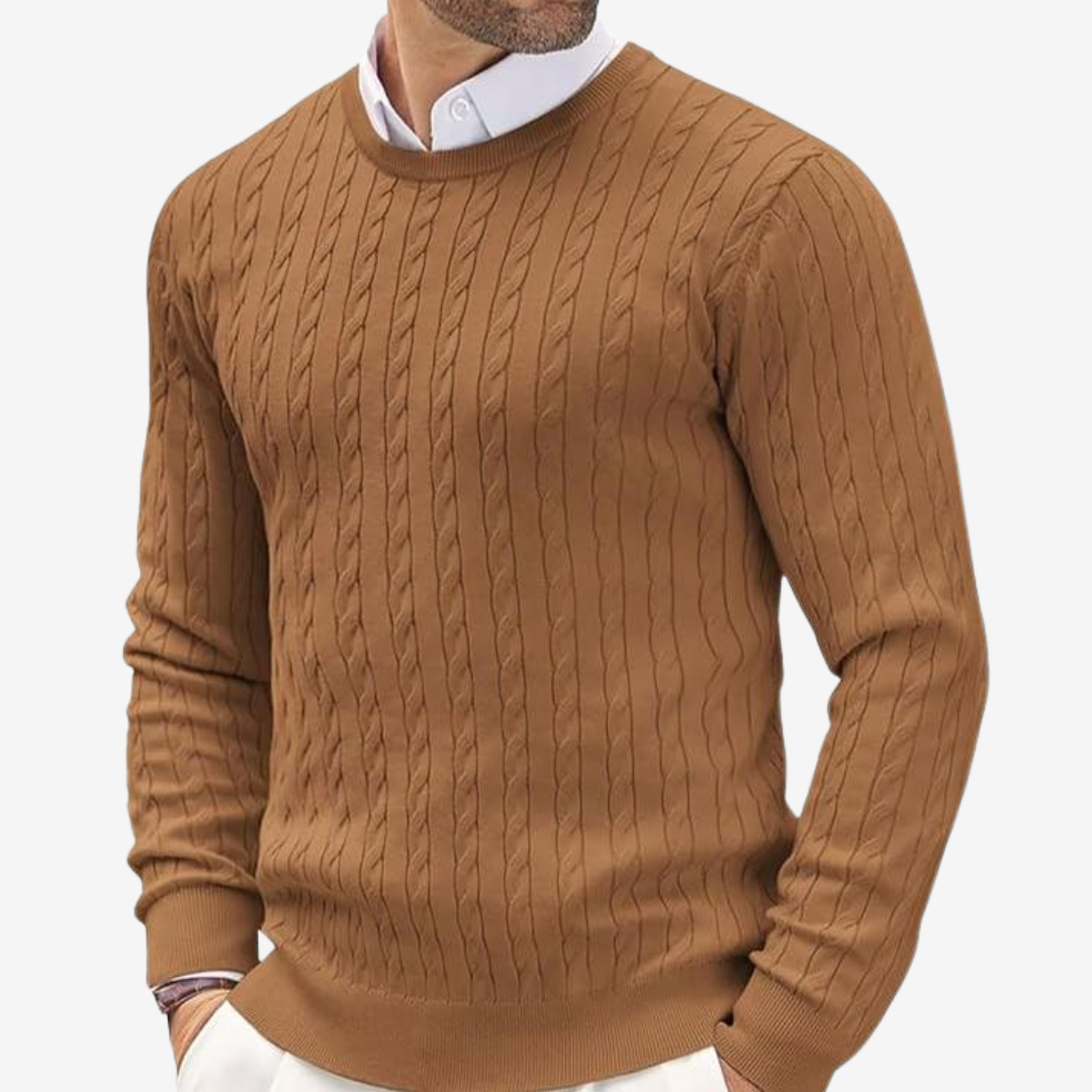 Men’s Sweater – Cashmere – Tailored Fit – Cable Knit – Crew Neck Long Sleeve