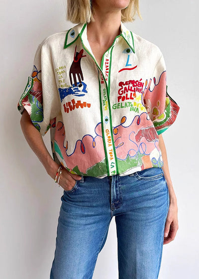 Solea – Graphic Print Linen Collar Shirt