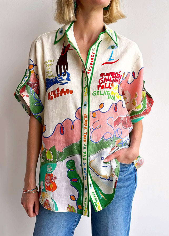 Solea – Graphic Print Linen Collar Shirt