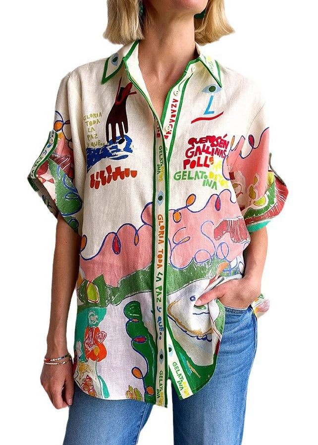 Solea – Graphic Print Linen Collar Shirt