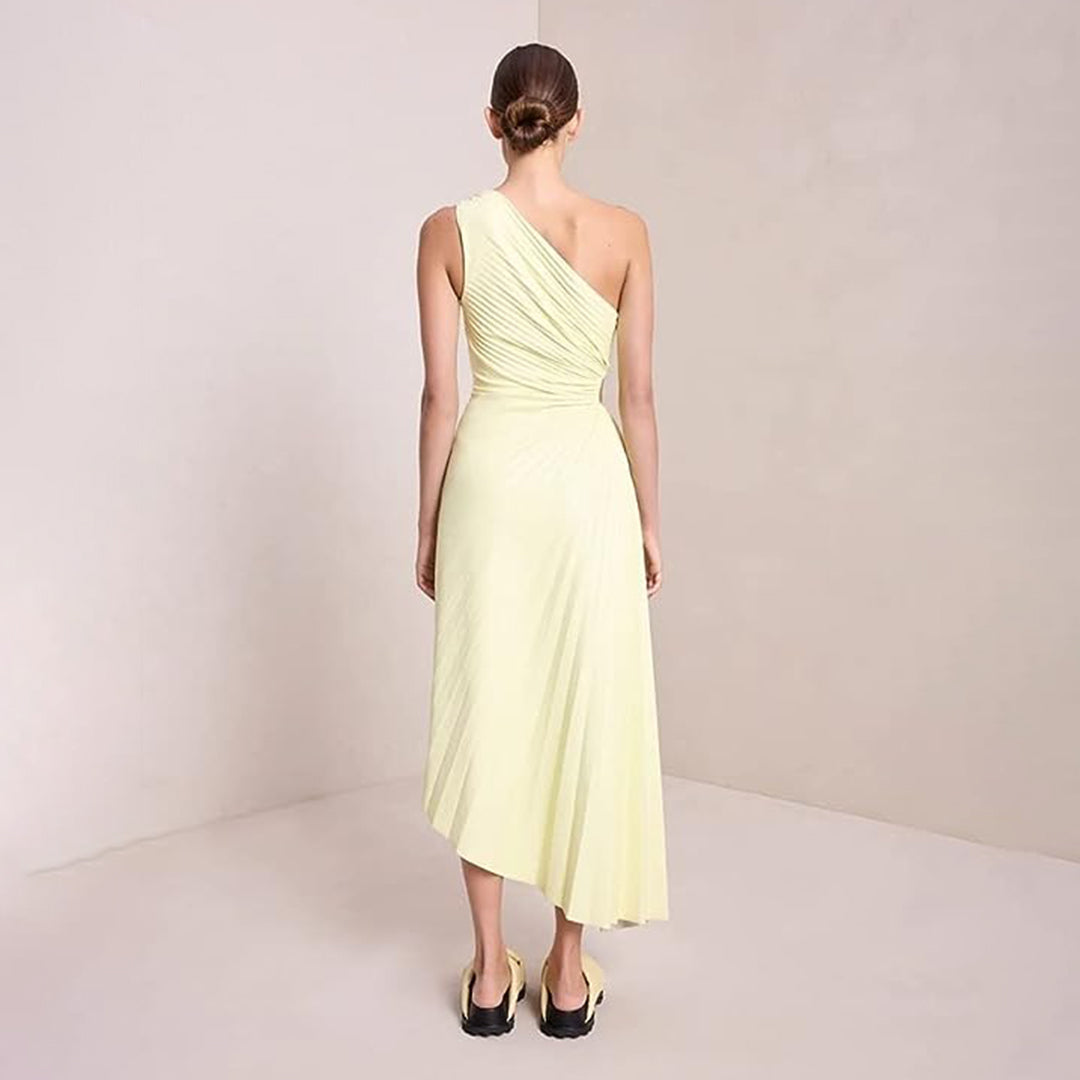 Avencea - Elegant Pleated Dress with Asymmetrical Hem