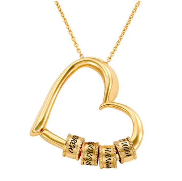 Personalized heart necklace with the option to attach rings and custom name engravings