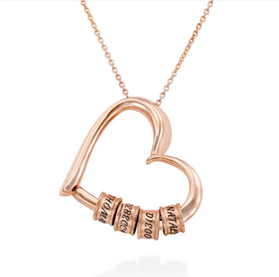 Personalized heart necklace with the option to attach rings and custom name engravings
