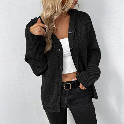 Hazel | Women’s Hooded Knit Open Front Button Cardigan
