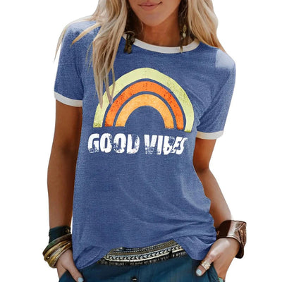 Avencea - Women's Casual Shirt with Rainbow Print and "Good Vibes" Inscription