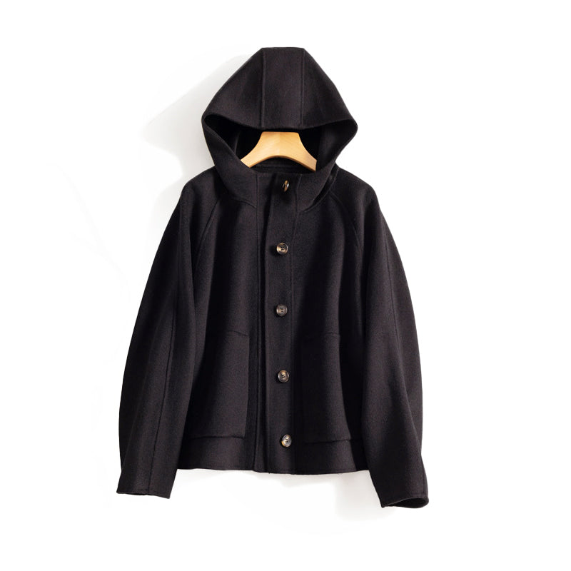 Button-Front Short Wool Coat with Hood for Women