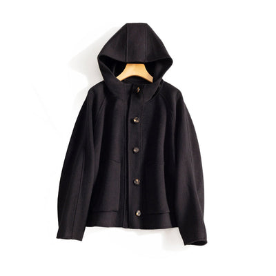 Button-Front Short Wool Coat with Hood for Women