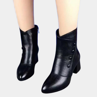 Women’s Ankle Boots – Textured Pattern – Block Heel – Side Buttons – Rounded Toe