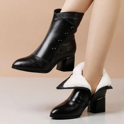 Women’s Ankle Boots – Textured Pattern – Block Heel – Side Buttons – Rounded Toe