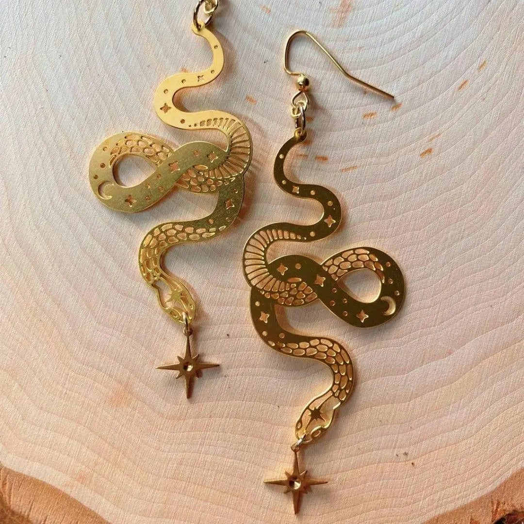 Gold Star Snake Pendant Earrings