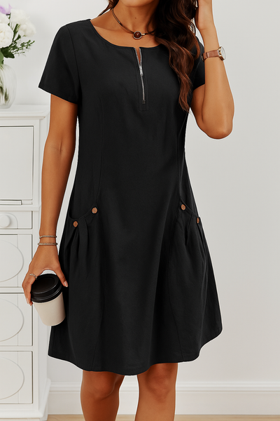 Rudina - Elegant Short Sleeve Cotton Dress With Pockets