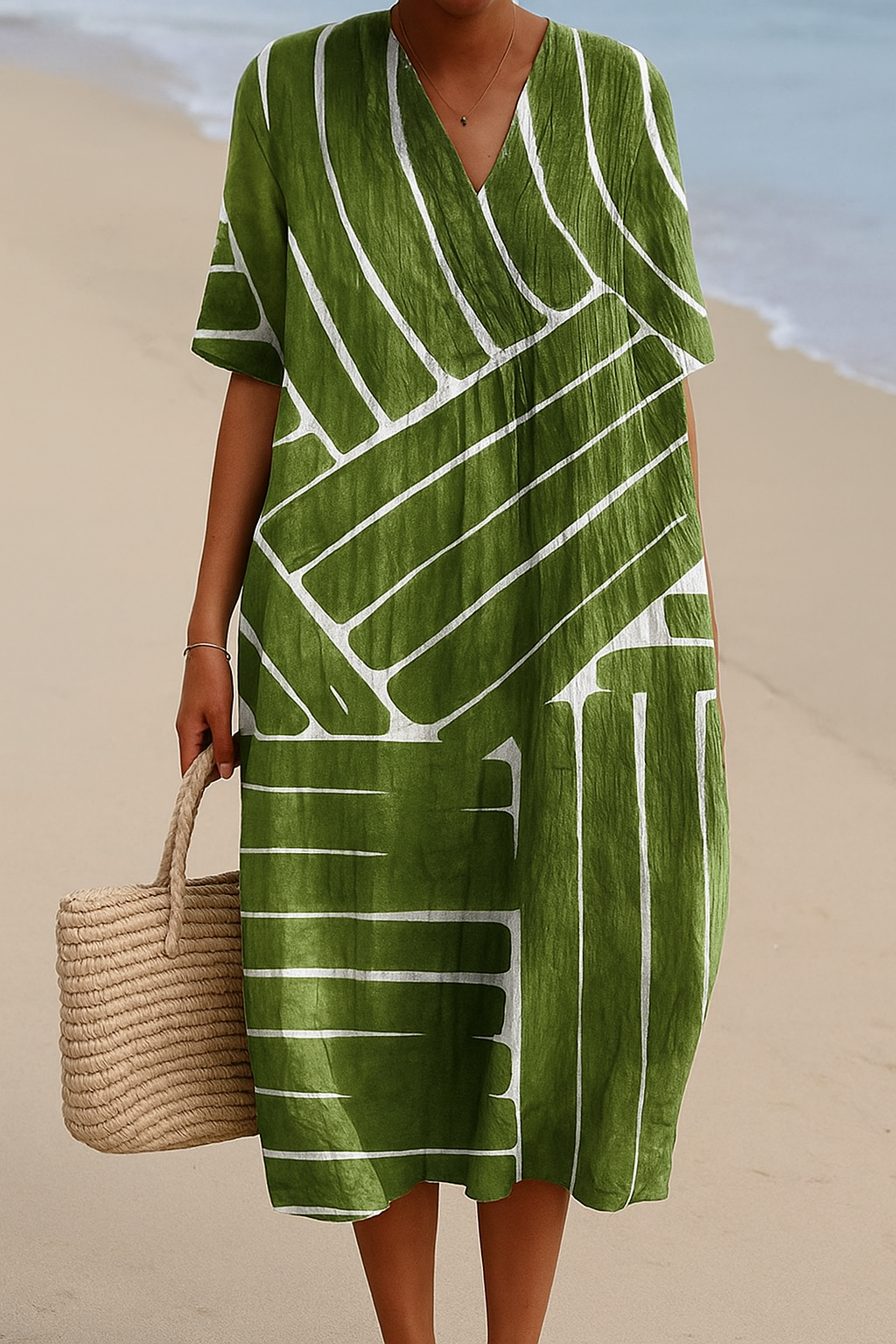 Nina | Green Leaf Print V-Neck Dress