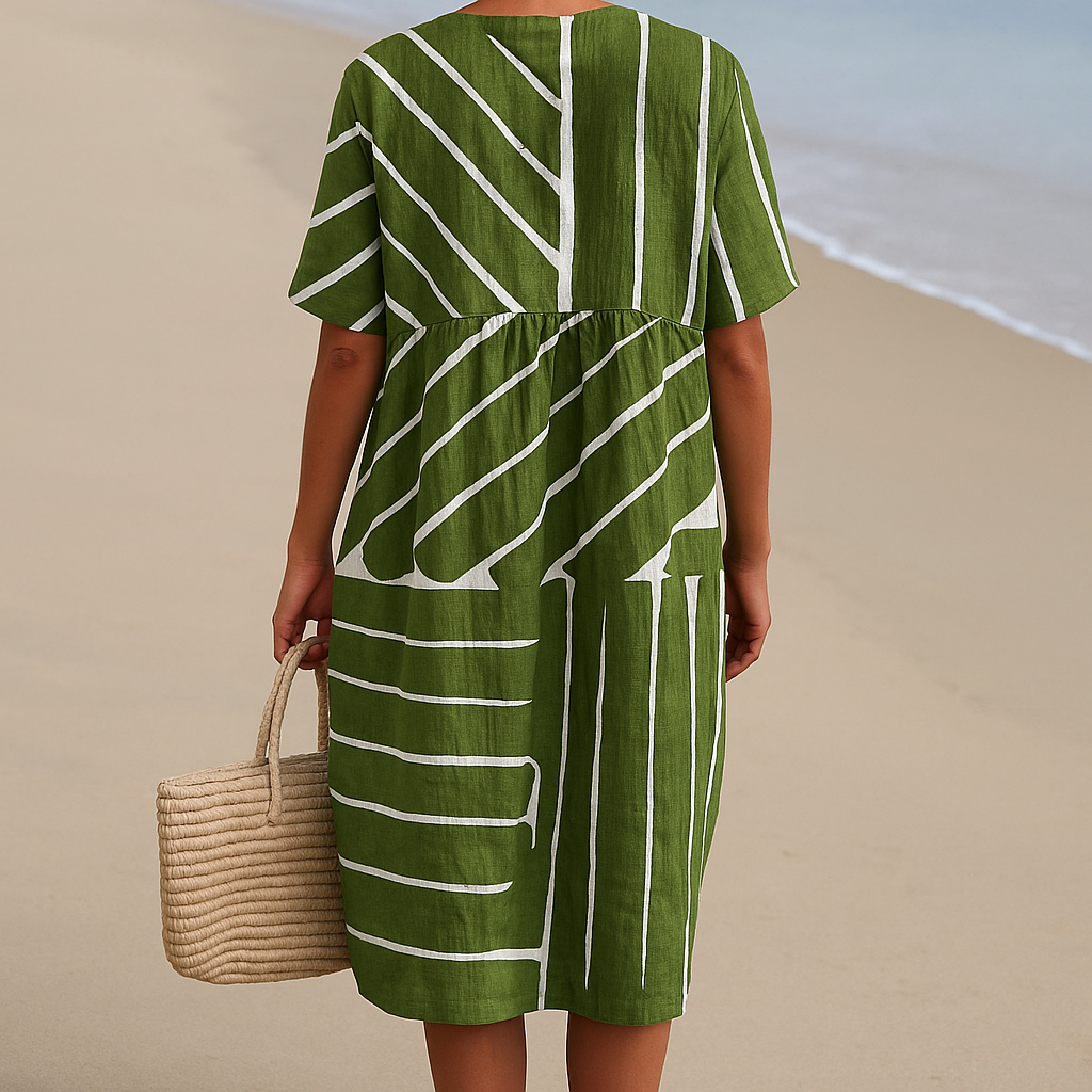 Nina | Green Leaf Print V-Neck Dress