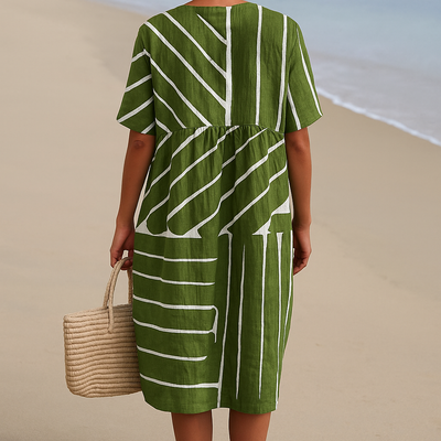 Nina | Green Leaf Print V-Neck Dress