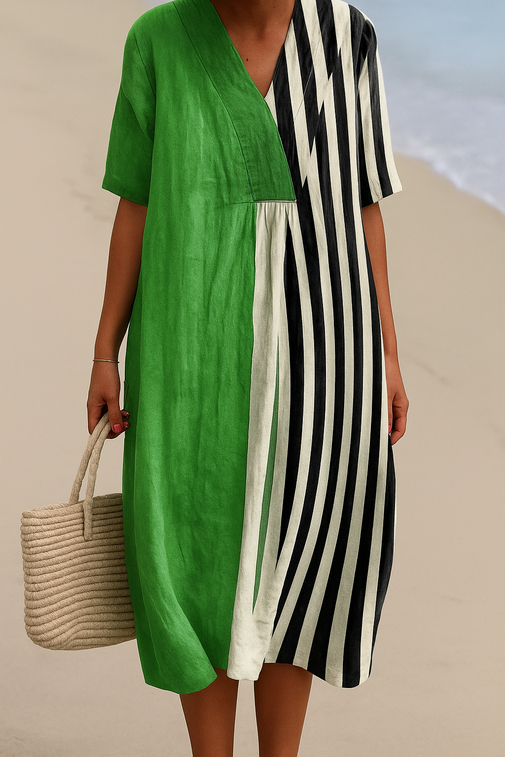 Mila | Green & Stripe V-Neck Midi Dress