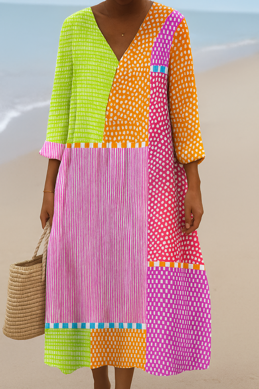 Chloe | Colorblock Boho Patchwork Midi Dress