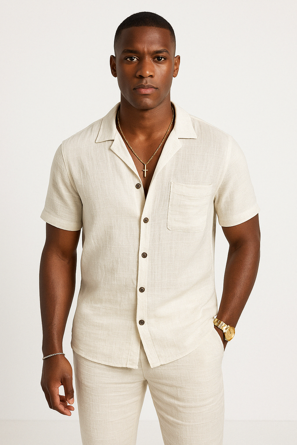 Men’s Button-Up Shirt – Cotton Linen Blend – Relaxed Fit – Short Sleeve Casual