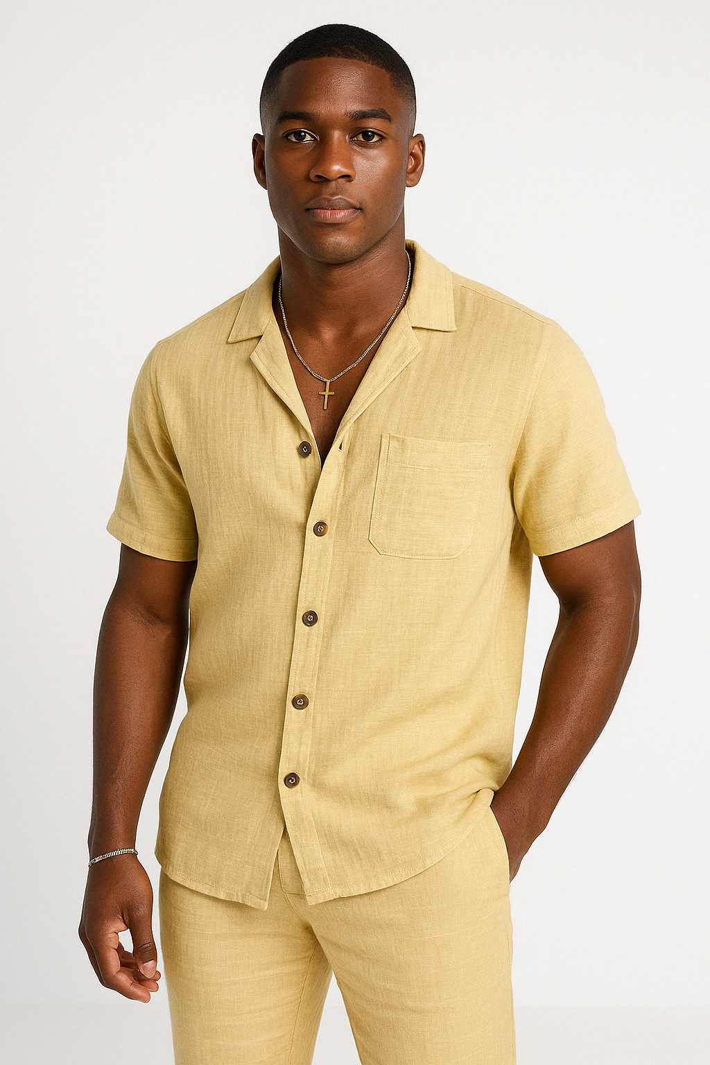 Men’s Button-Up Shirt – Cotton Linen Blend – Relaxed Fit – Short Sleeve Casual