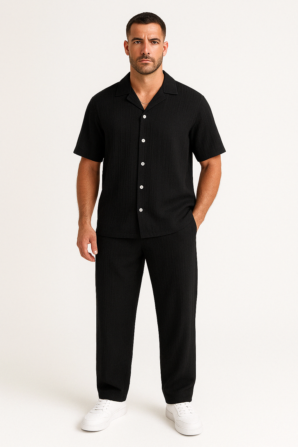 Men’s Casual Suit Set – Cotton Linen Blend – Relaxed Fit – Short Sleeve Button Shirt & Pants