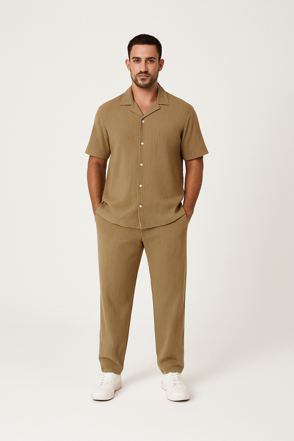 Men’s Casual Suit Set – Cotton Linen Blend – Relaxed Fit – Short Sleeve Button Shirt & Pants