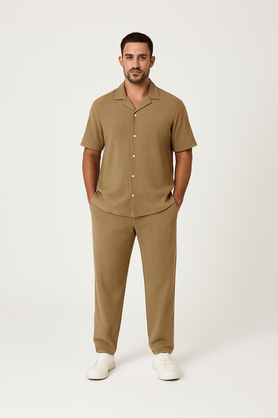 Men’s Casual Suit Set – Cotton Linen Blend – Relaxed Fit – Short Sleeve Button Shirt & Pants