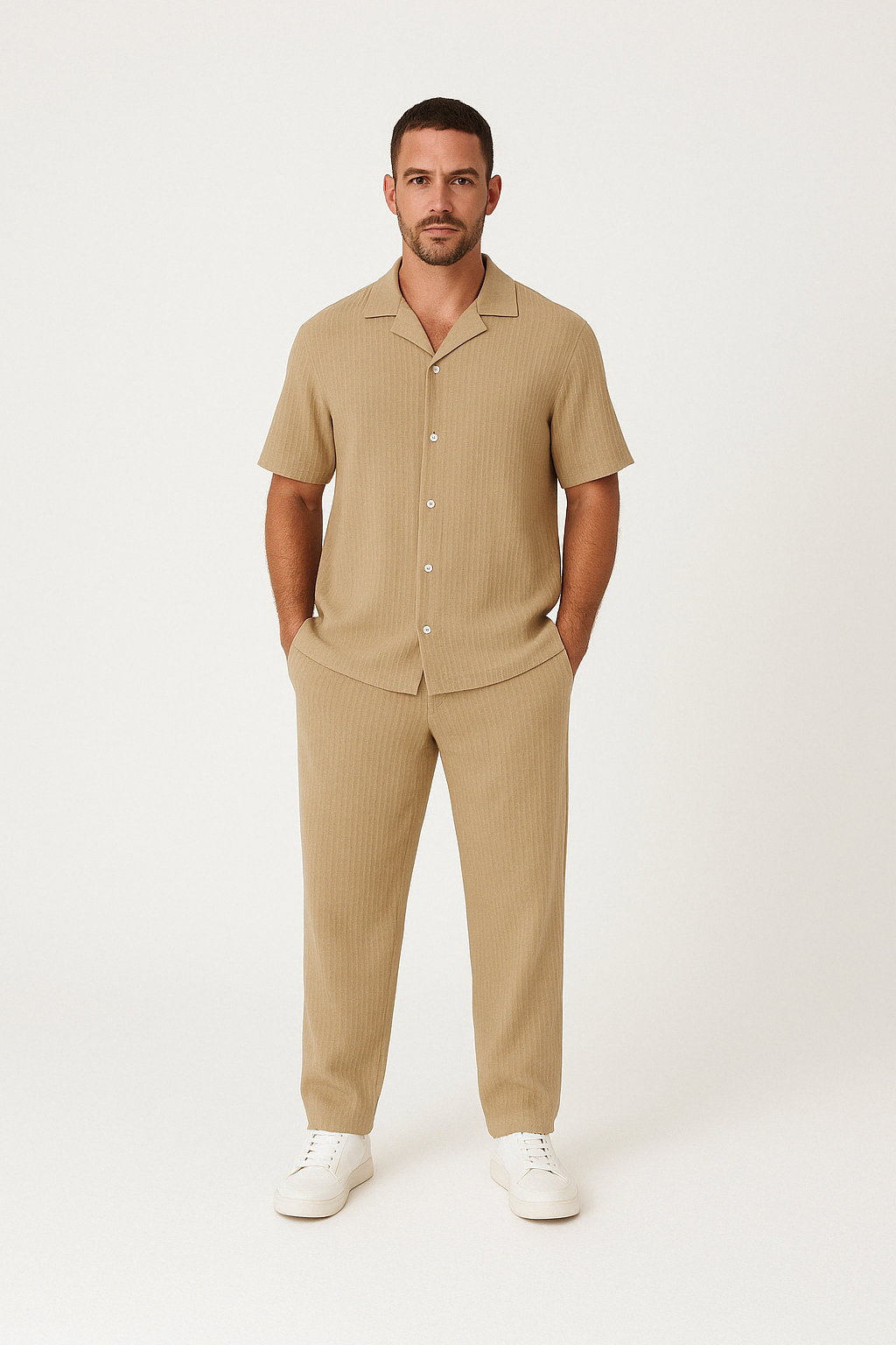 Men’s Casual Suit Set – Cotton Linen Blend – Relaxed Fit – Short Sleeve Button Shirt & Pants