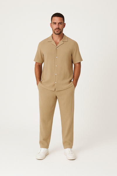 Men’s Casual Suit Set – Cotton Linen Blend – Relaxed Fit – Short Sleeve Button Shirt & Pants