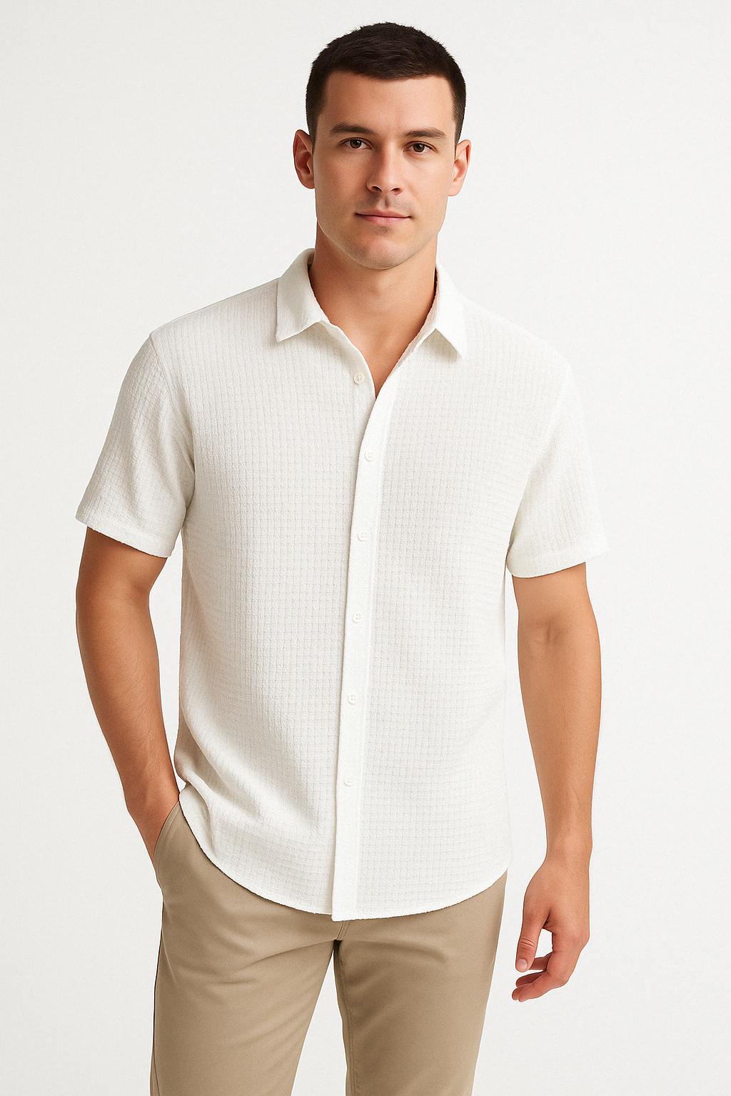 Men’s Short Sleeve Shirt – Cotton Blend – Regular Fit – Textured Button-Front Casual