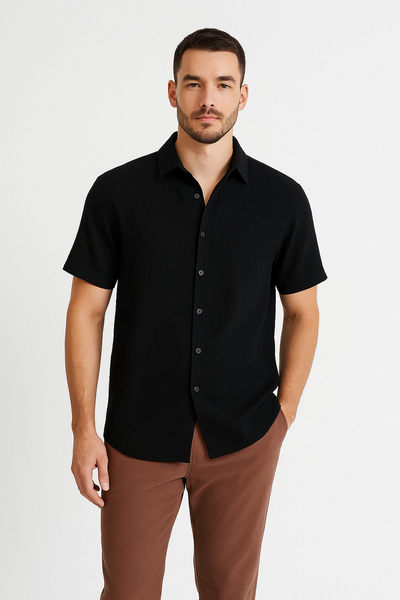Men’s Short Sleeve Shirt – Cotton Blend – Regular Fit – Textured Button-Front Casual