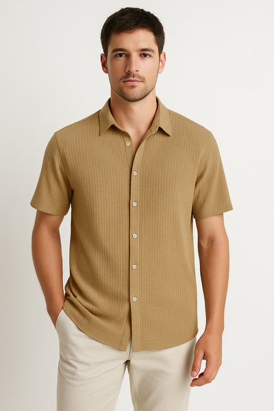 Men’s Short Sleeve Shirt – Cotton Blend – Regular Fit – Textured Button-Front Casual